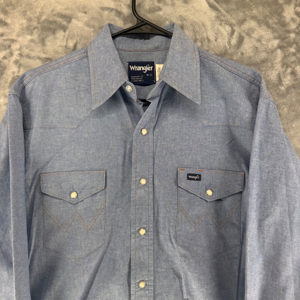 Wrangler Men Regular Fit Long Sleeve Denim Western Shirt 16 X 33 Blue‎
